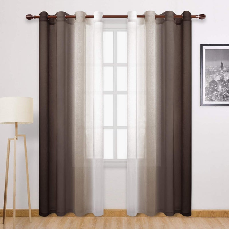DWCN Faux Linen Ombre Sheer Curtains - Semi Voile Gradient Grommet Top Curtains for Bedroom and Living Room, Set of 2 Window Curtain Panels, 52 x 84 Inches Long, Chocolate Brown - Image 1